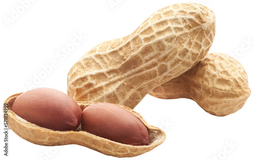 Group of unpeeled and opened shell peanuts