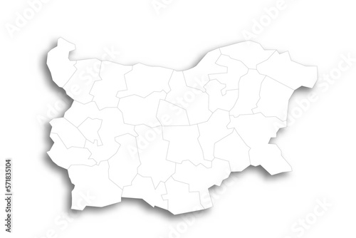 Bulgaria political map of administrative divisions - provinces and regions. Flat white blank map with thin black outline and dropped shadow.