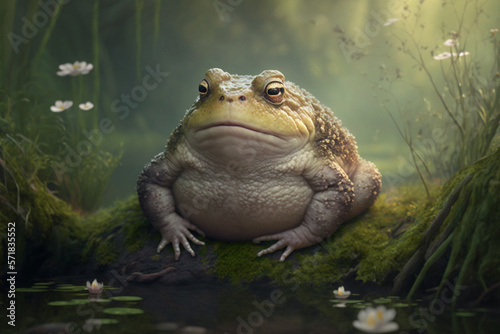 A toad with a swollen belly sits in a swamp. AI generated © StockMediaProduction