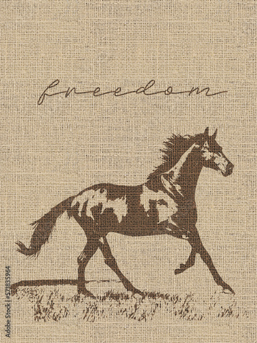 burlap background, silhouette, brush drawing brown horse. wall art.