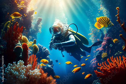 A diver swims underwater surrounded by exotic fish and corals. AI generated.