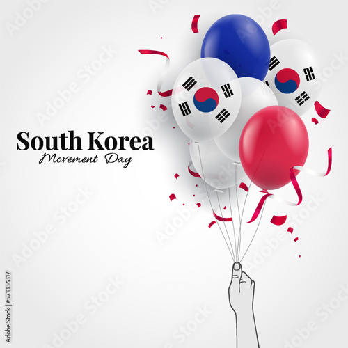 Vector Illustration of March 1st Movement Day in the South Korea. Hands with South Korea flag balloons

