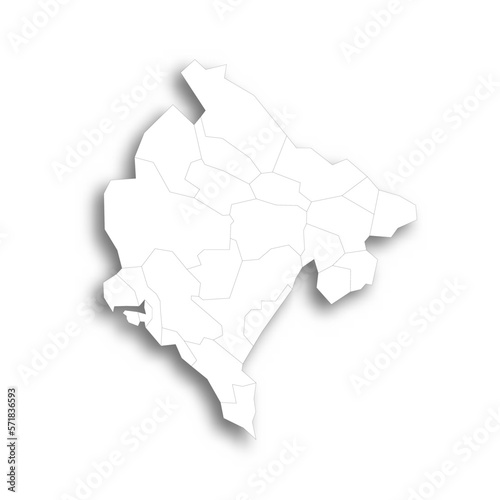 Montenegro political map of administrative divisions - municipalities. Flat white blank map with thin black outline and dropped shadow.