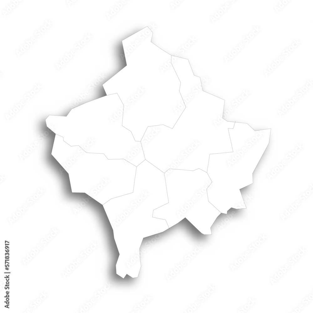 Kosovo political map of administrative divisions - districts. Flat white blank map with thin black outline and dropped shadow. Kosovo political map of administrative divisions - districts. Flat white blank map with thin black outline and dropped shadow.