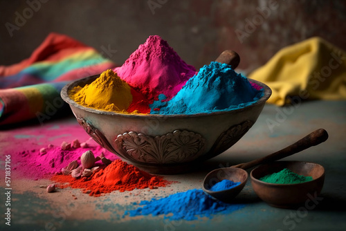 Organic Gulal colors in bowl for Holi festival. Generative AI  © Kanchana