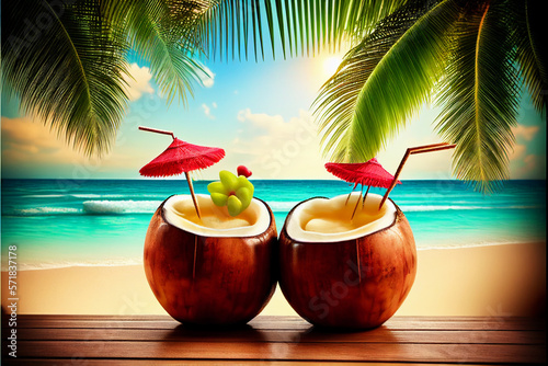 Two cocktails in coconuts on a tropical beach. AI generated.