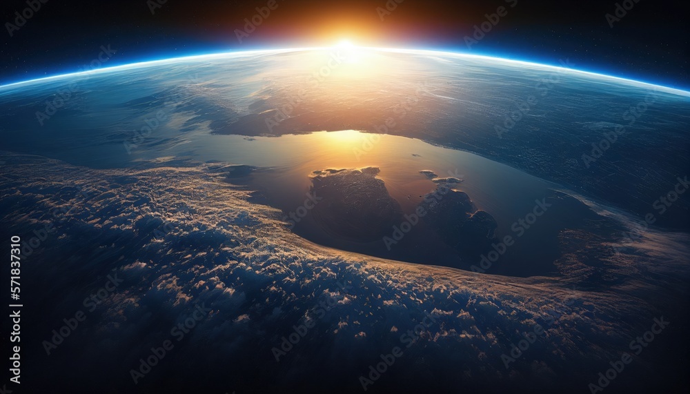 The curvature of planet Earth. Aerial view of the blue planet from space. Sunrise over global land and ocean. Generative AI - obrazy, fototapety, plakaty 