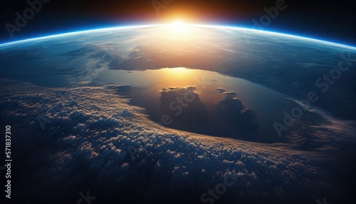 The curvature of planet Earth. Aerial view of the blue planet from space. Sunrise over global land and ocean. Generative AI