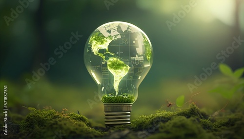 The green world map is on a light bulb that stands on a green lawn. Renewable Energy.Environmental protection, renewable, sustainable energy sources. Generative AI
