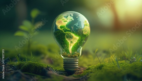 The green world map is on a light bulb that stands on a green lawn. Renewable Energy.Environmental protection, renewable, sustainable energy sources. Generative AI