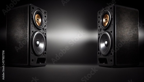 Two sound speakers with free space between them on black background. Generative AI.