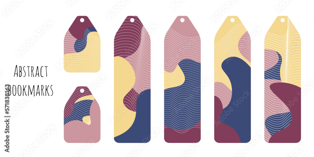 Set of 6 bookmarks templates in blue and pink color palette. Abstract waves and geometric lines elements. Classical bookmarks. Flat illustration. Isolated on white background. Set of 6 bookmarks templates in blue and pink color palette. Abstract waves and geometric lines elements. Classical bookmarks. Flat illustration. Isolated on white background.