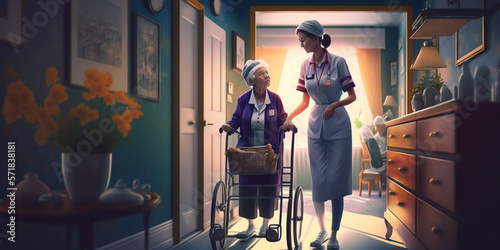 Elderly care concept. A young female nurse, helping a healthy senior woman with her healthcare needs. Providing care and support with compassionate and dedicated healthcare professional. generative ai © Somchai
