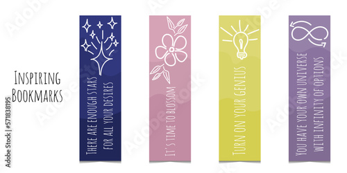 Set of 6 bookmarks with doodle elements and inspiring quotes. White line illustration. Minimalistic bookmark templates for reading. Isolated on white background. 