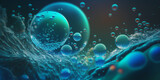 Blue underwater fizzing air bubbles flow. Fizzy sparkles in water, sea, aquarium, ocean. Innovative product offers a clean and refreshing experience. 3D hydrating moisturizer banner ad. generative ai.