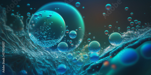 Blue underwater fizzing air bubbles flow. Fizzy sparkles in water, sea, aquarium, ocean. Innovative product offers a clean and refreshing experience. 3D hydrating moisturizer banner ad. generative ai.