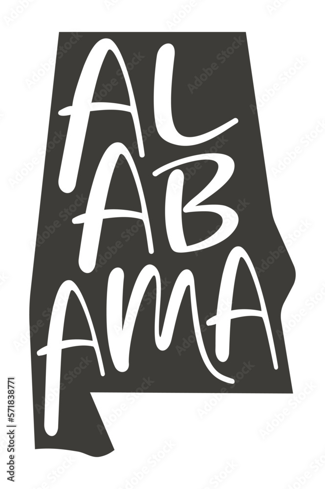 Alabama. Vector silhouette state. Alabama map with text script. Alabama shape state map for poster, banner, t-shirt, tee. Vector outline Isolated illustratuon on a white background. Alabama. Vector silhouette state. Alabama map with text script. Alabama shape state map for poster, banner, t-shirt, tee. Vector outline Isolated illustratuon on a white background.