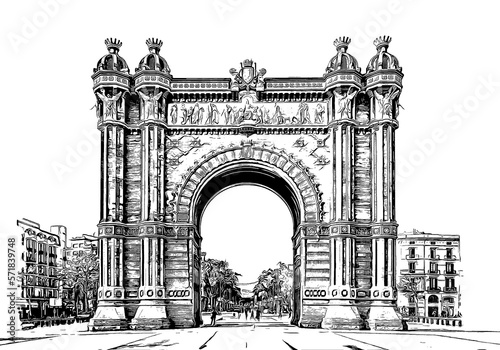 Arc de Triomf, a triumphal arch in the city of Barcelona in Catalonia, Spain, ink sketch illustration. photo