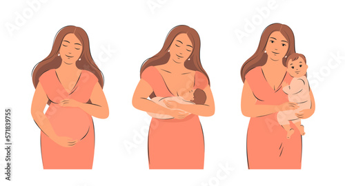 Set of pregnancy, breastfeeding and motherhood concept illustrations. Woman feeding baby. Vector illustration isolated on white background
