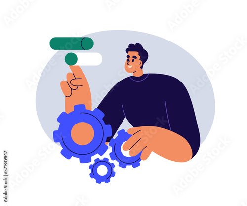 Business technologies work concept. Fixing settings, cogwheels, adjusting sliders. Person changing, developing, modifying, repairing system. Flat vector illustration isolated on white background
