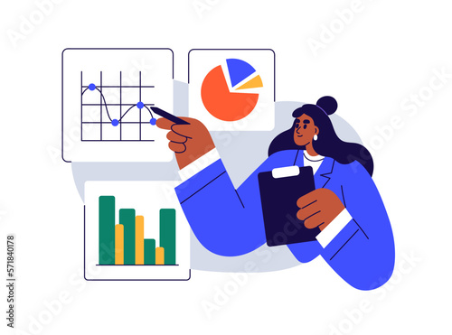 Business woman presenting finance data analysis, financial statistics, information, report. Marketing and accounting annual research concept. Flat vector illustration isolated on white background