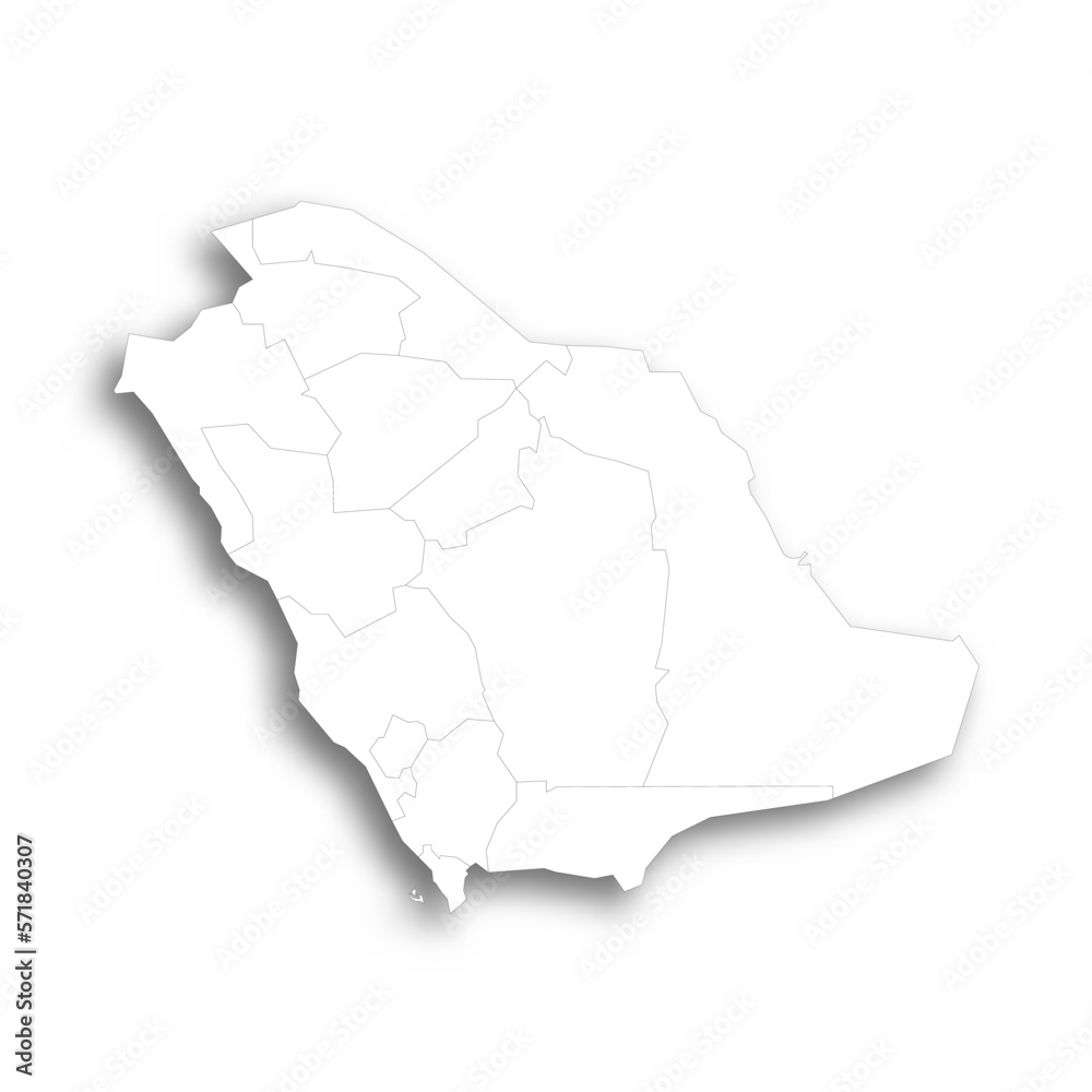 Obraz premium Saudi Arabia political map of administrative divisions - provinces or regions. Flat white blank map with thin black outline and dropped shadow.