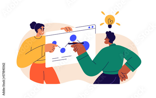 Business planning, developing creative ideas concept. Team work, discussion. Discussing strategy, analyzing, improving, creating project. Flat vector illustration isolated on white background