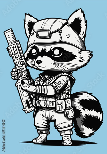 Raccoon mascot wearing military helmet with rifle