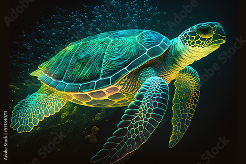 Green Sea Turle Underwater Retrowave Neon Glow - Generative AI