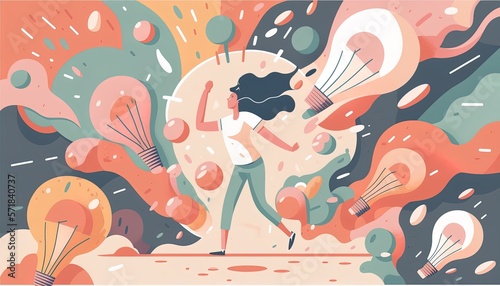 Illustration d 'une femme hyperactive avec pleins d'idées qui est peut-être TDAH ou HPI