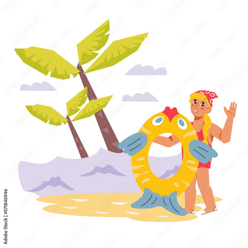 Girl in a swimsuit with a swimming ring on the beach. Summer time and sea vacation for children design for banners and card, flat vector illustration isolated on white background.
