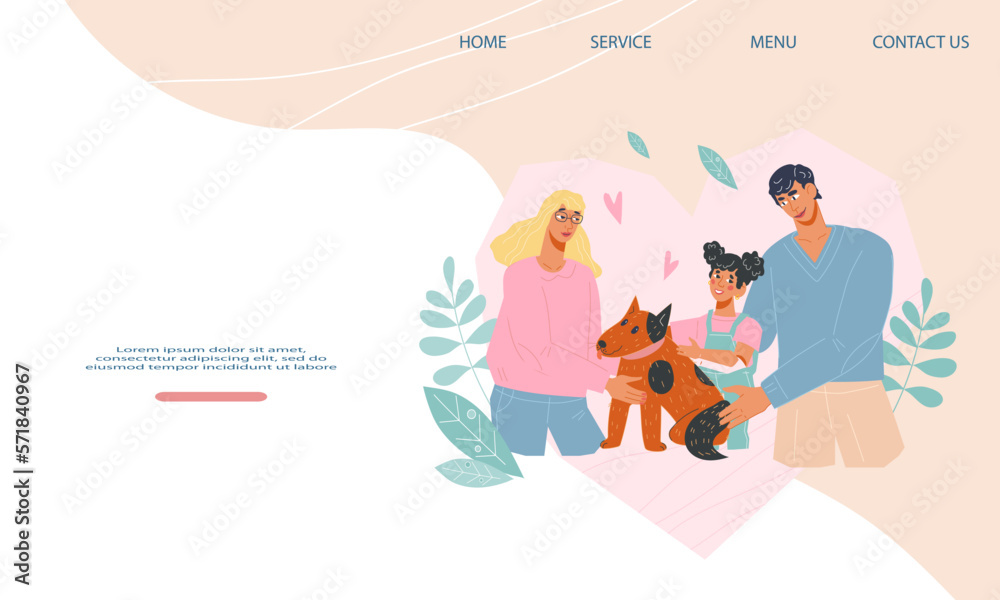 Website banner with family who has adopted a pet. Parents and child adopting a dog, webpage for animal care, adoption and charity concept, flat vector illustration.
