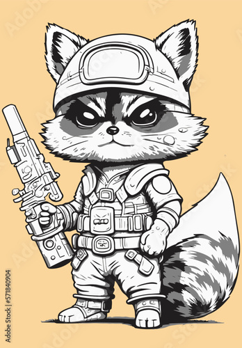Armed raccoon soldier wild character vector mascot