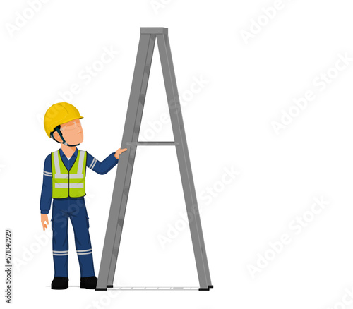 A worker with ladder on white background
