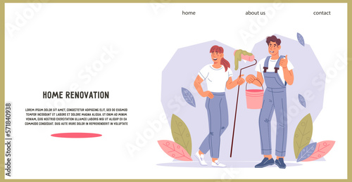Painting house and decorator works  interior renovation service banner or webpage design  flat vector illustration.