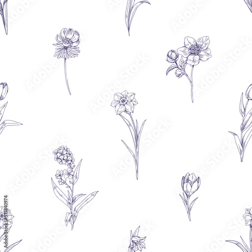 Seamless engraved floral pattern, repeating print. Vintage outlined black and white background, endless botanical texture. Repeatable contoured etched handdrawn vector illustration for fabric