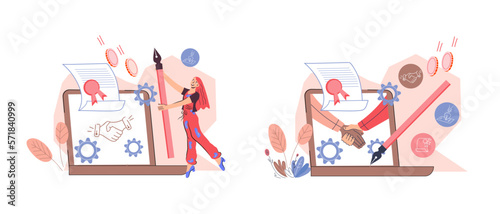 Doing business online. Signing contracts, conclusion of a cooperation agreement and mutual settlements using an Internet application. Set of banners for website and social media.
