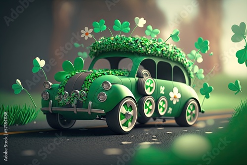 Green vintage car decorated for St. patricks day , transport illustration on a colored background. Generative AI