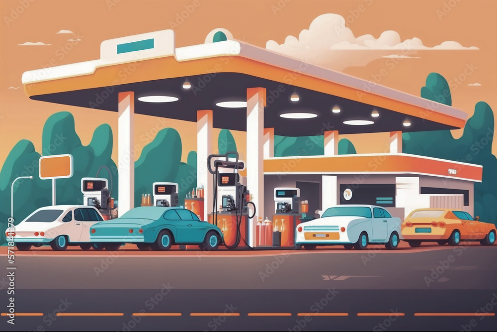 Generative AI illustration of cars on forecourt at a fuel station  - obrazy, fototapety, plakaty 