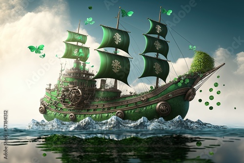 Fotografiet Green ship on the sea decorated for St