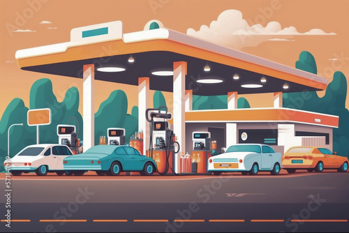 Generative AI illustration of cars on forecourt at a fuel station  photo