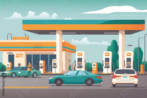 Generative AI illustration of cars on forecourt at a fuel station 