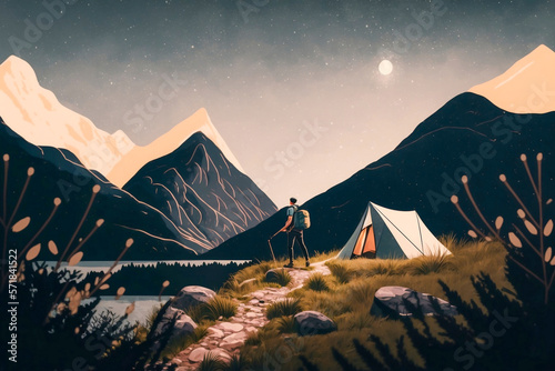 Hiker camping in beautiful mountain setting- Generative AI