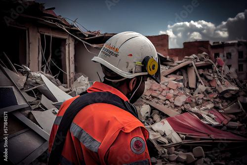 Rescuers in uniform and helmets dismantle the rubble of houses after the earthquake, the ruined city and multi-storey buildings, disaster, the consequences of a strong earthquake. Generative AI