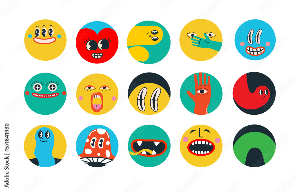 Fototapeta premium Set of Vector highlight covers. Collection of elements in trendy retro cartoon style. Hand drawn templates. Round icons for social media stories. Perfect for bloggers