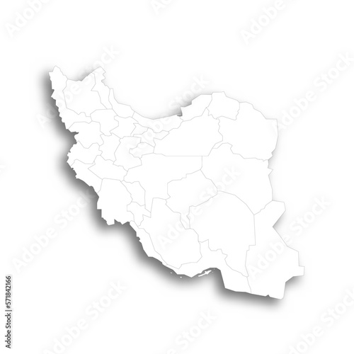 Iran political map of administrative divisions - provinces. Flat white blank map with thin black outline and dropped shadow.