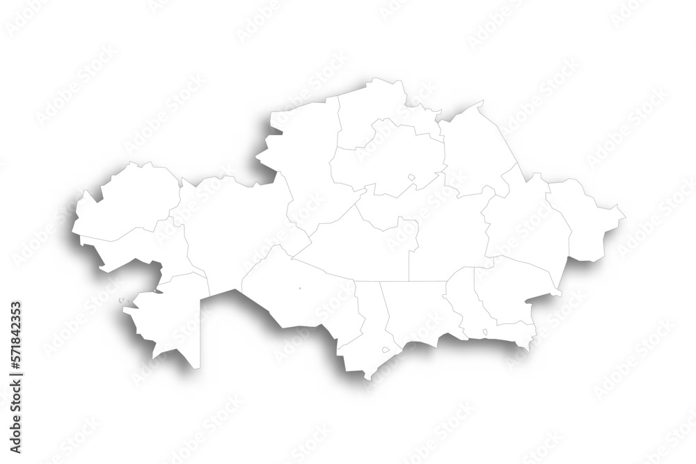 Kazakhstan political map of administrative divisions - regions and cities with region rights and city of republic significance Baikonur. Flat white blank map with thin black outline and dropped shadow