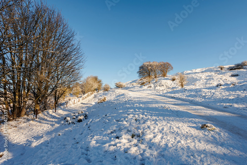Snow covered wintery scenes of Cleeve Hill on The Cotswold Way, Cheltenham, Gloucestershire
 photo