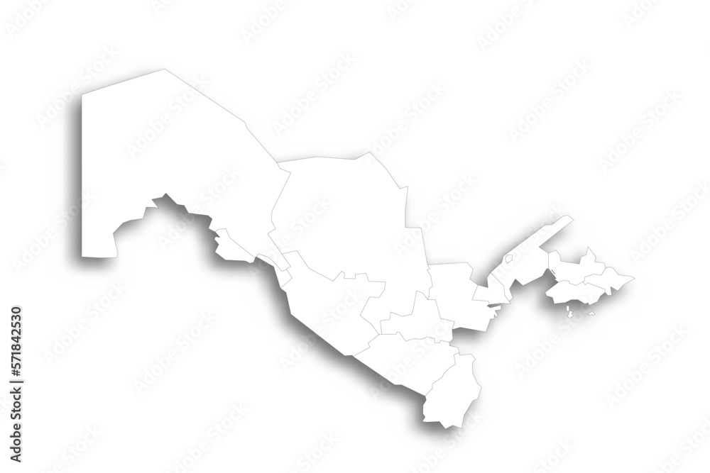 Uzbekistan political map of administrative divisions - regions, autonomous republic of Karakalpakstan and independent city of Tashkent. Flat white blank map with thin black outline and dropped shadow.