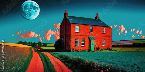 Surreal traditional English cottage in dreamy countryside, nostalgic red brick home and colorful garden flowers. Milky way starry night with planetary full moon - generative AI. 